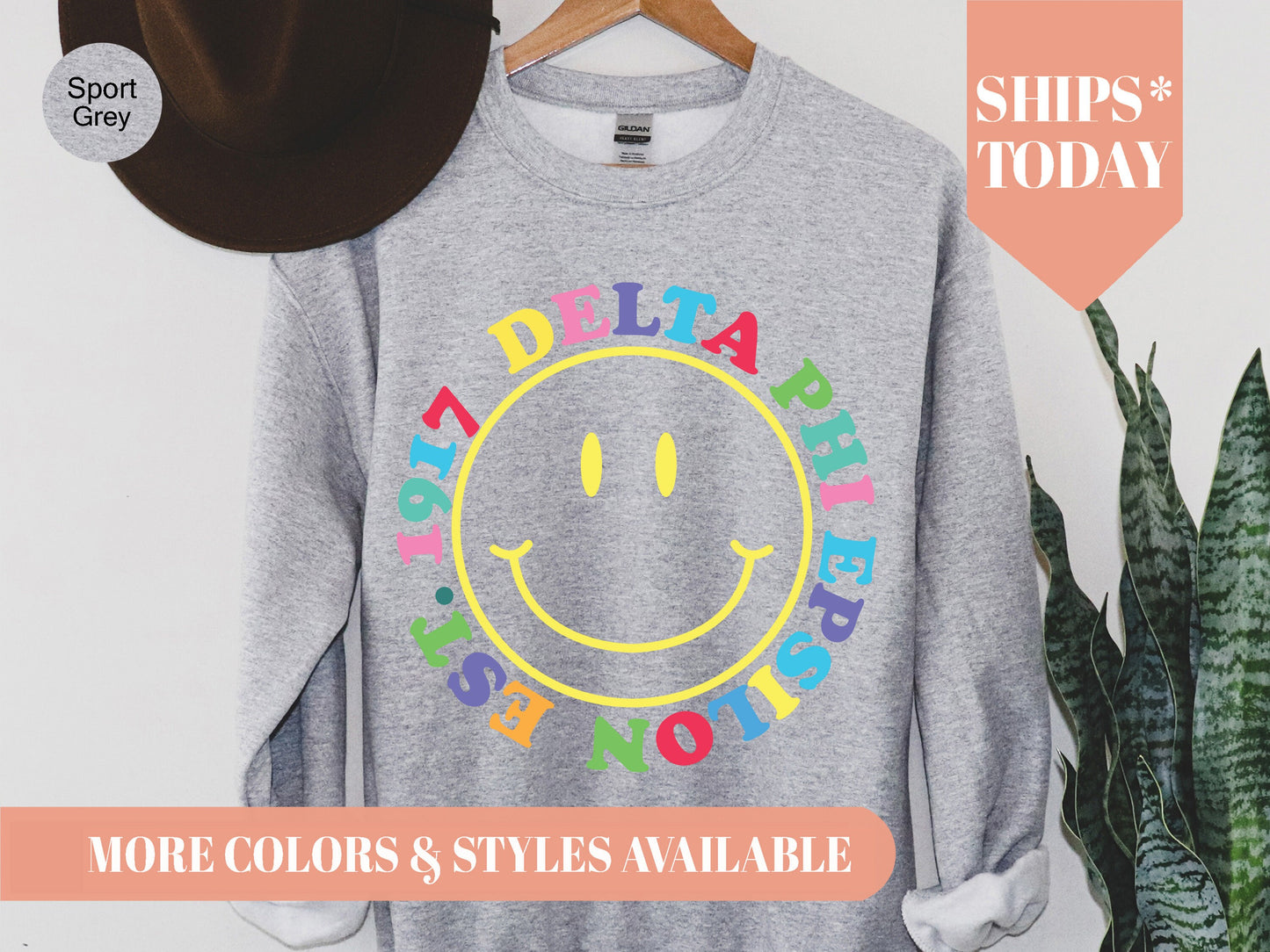 Delta Phi Epsilon Radiating Smiley Face Sorority Sweatshirt _ 3239g