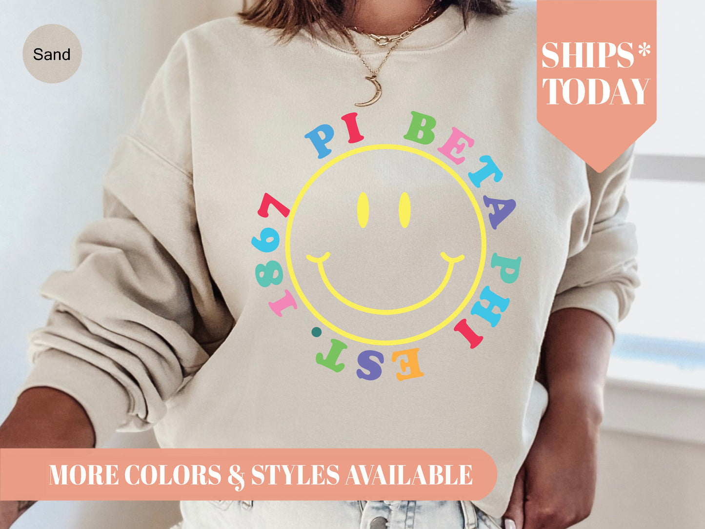 Pi Beta Phi Radiating Smiley Face Sorority Sweatshirt _ 3249g