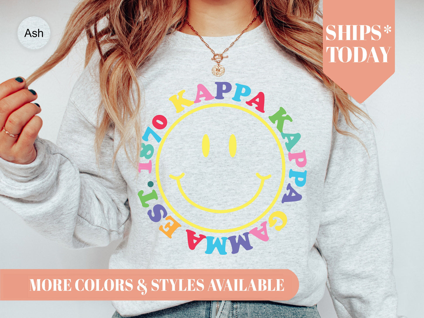 Kappa Kappa Gamma Radiating Smiley Face Sorority Sweatshirt _ 3246g
