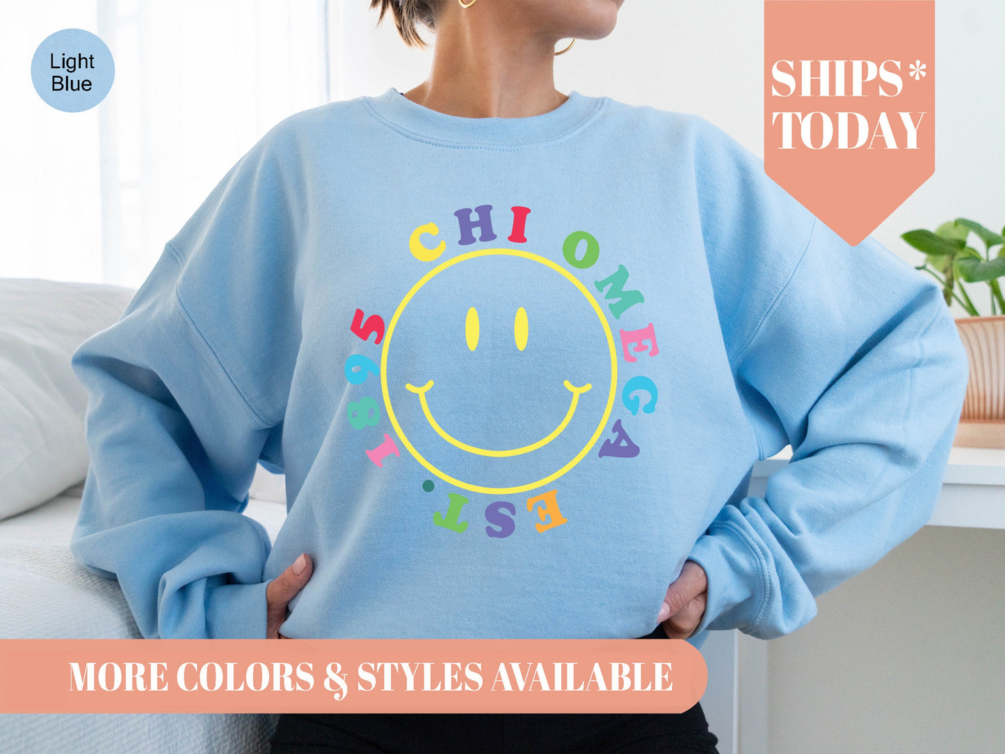 Chi Omega Radiating Smiley Face Sorority Sweatshirt _ 3236g
