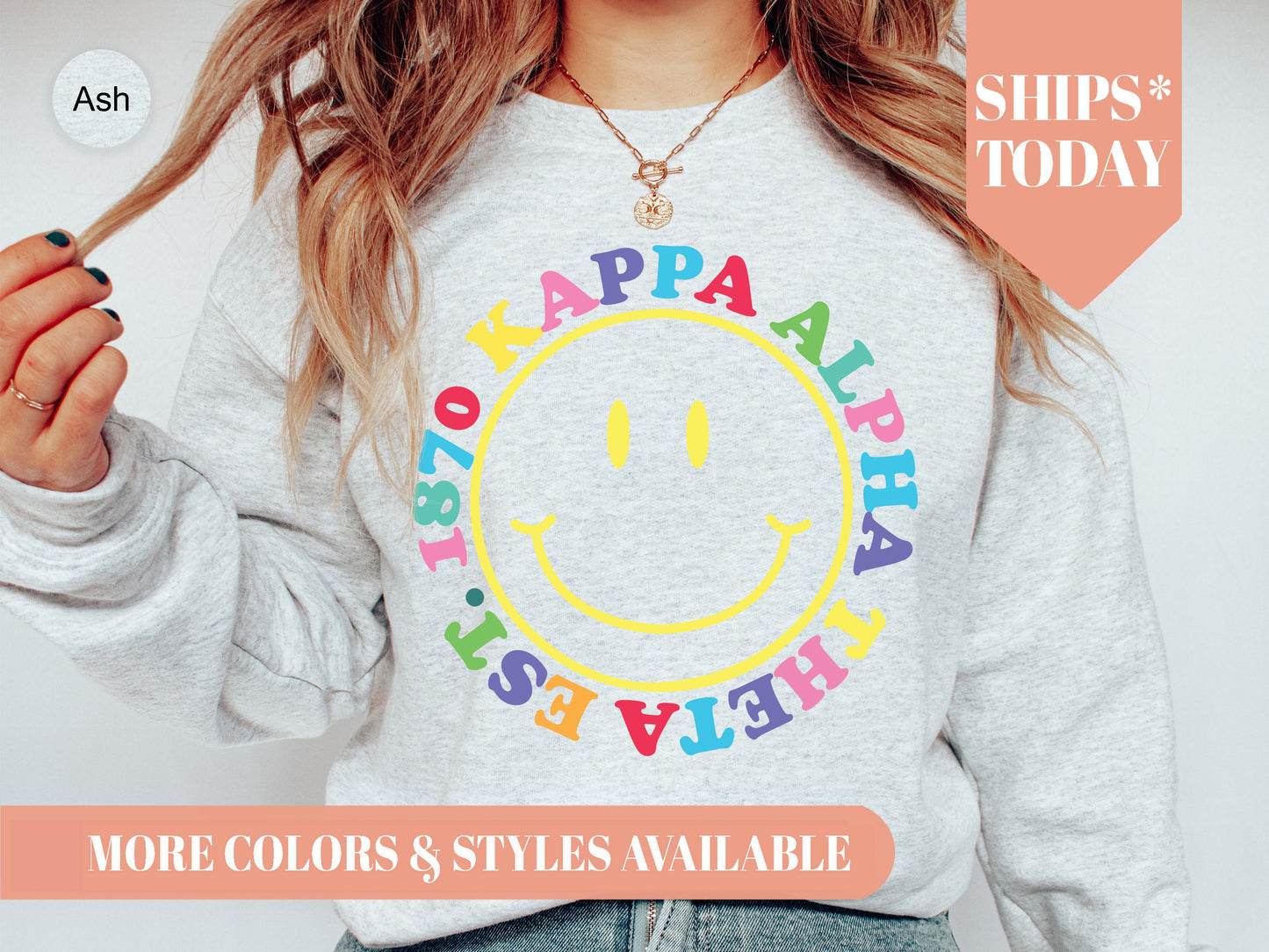 Kappa Alpha Theta Radiating Smiley Face Sorority Sweatshirt _ 3244g