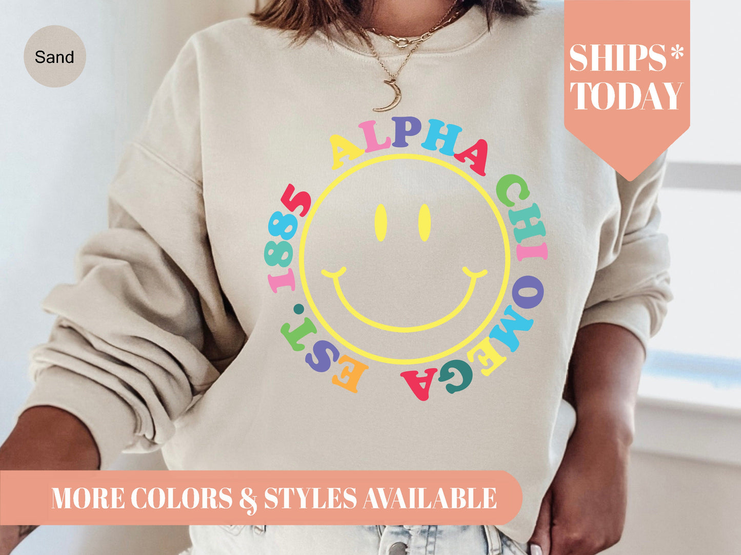 Alpha Chi Omega Radiating Smiley Face Sorority Sweatshirt _ 3227g