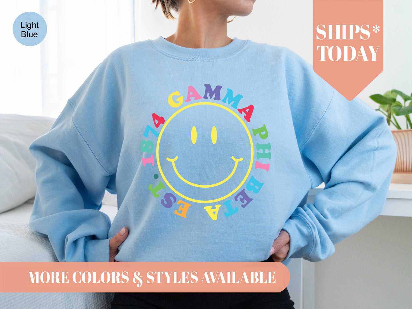 Gamma Phi Beta Radiating Smiley Face Sorority Sweatshirt _ 3241g