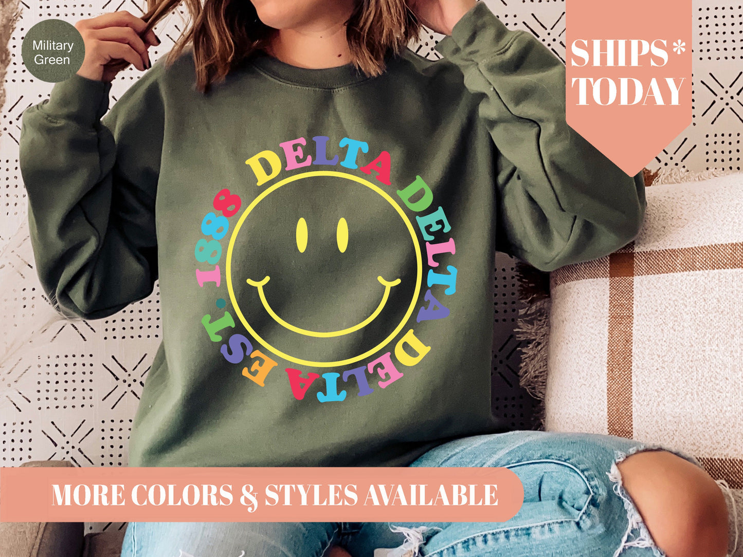 Delta Delta Delta Radiating Smiley Face Sorority Sweatshirt _ 3237g
