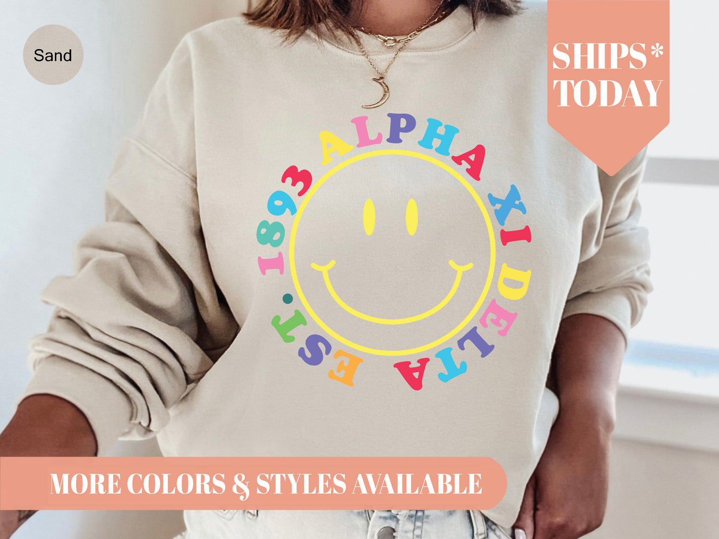 Alpha Xi Delta Radiating Smiley Face Sorority Sweatshirt _ 3235g