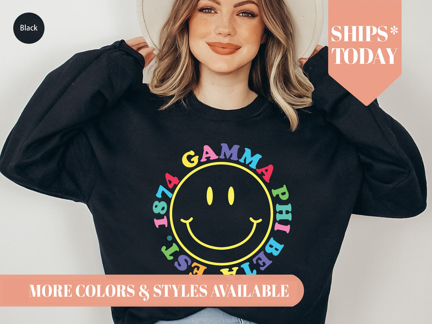 Gamma Phi Beta Radiating Smiley Face Sorority Sweatshirt _ 3241g