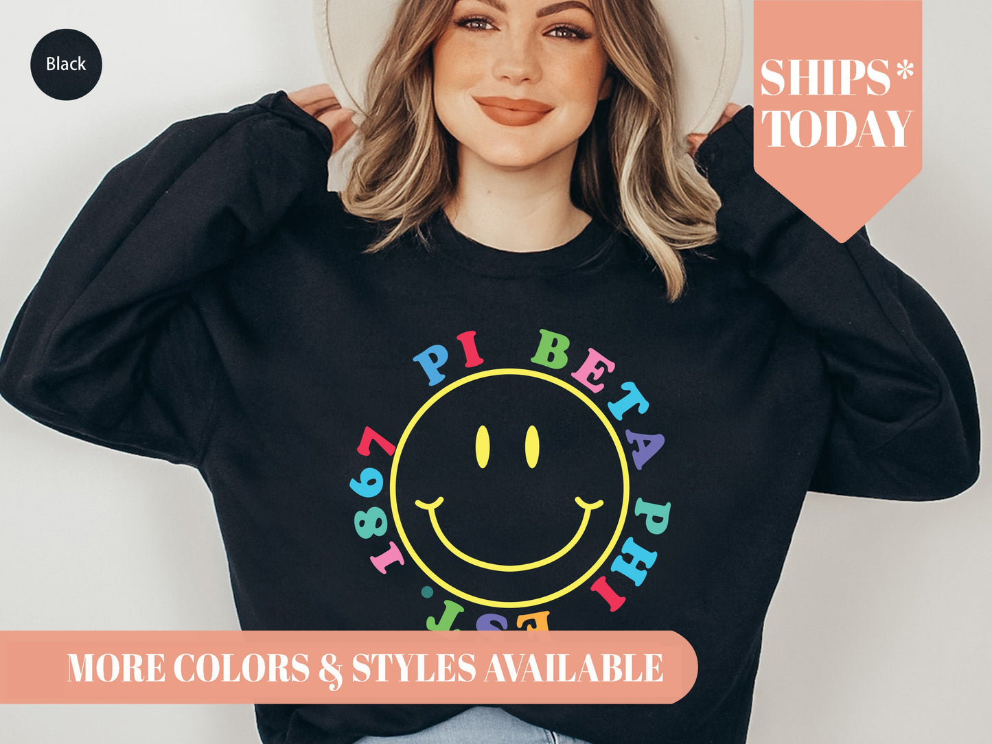 Pi Beta Phi Radiating Smiley Face Sorority Sweatshirt _ 3249g