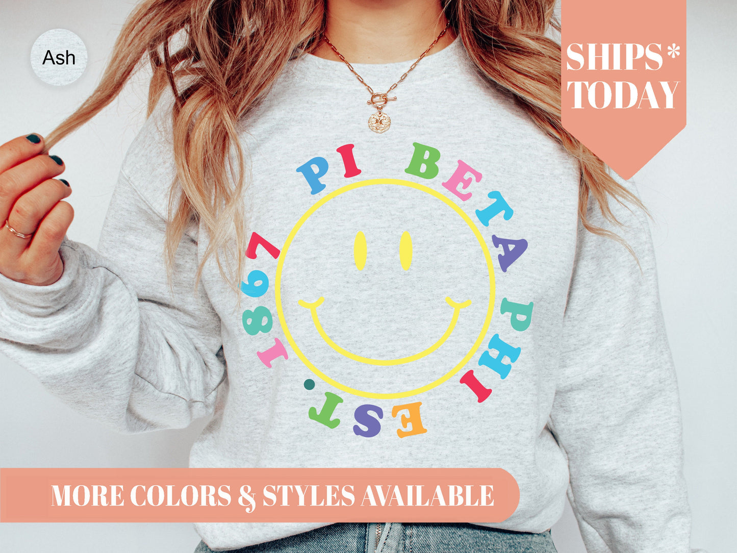 Pi Beta Phi Radiating Smiley Face Sorority Sweatshirt _ 3249g