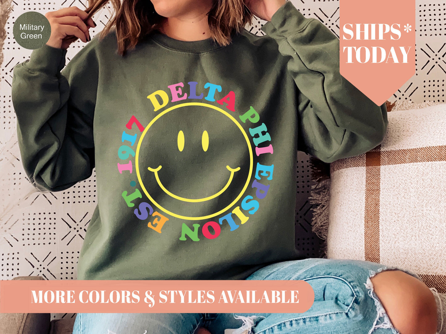 Delta Phi Epsilon Radiating Smiley Face Sorority Sweatshirt _ 3239g