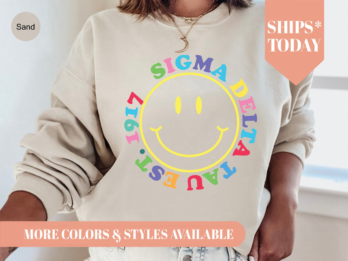 Sigma Delta Tau Radiating Smiley Face Sorority Sweatshirt _ 3250g