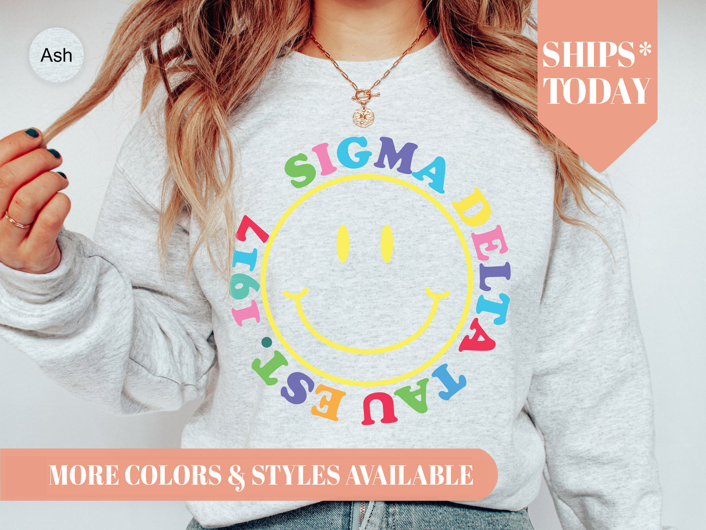 Sigma Delta Tau Radiating Smiley Face Sorority Sweatshirt _ 3250g