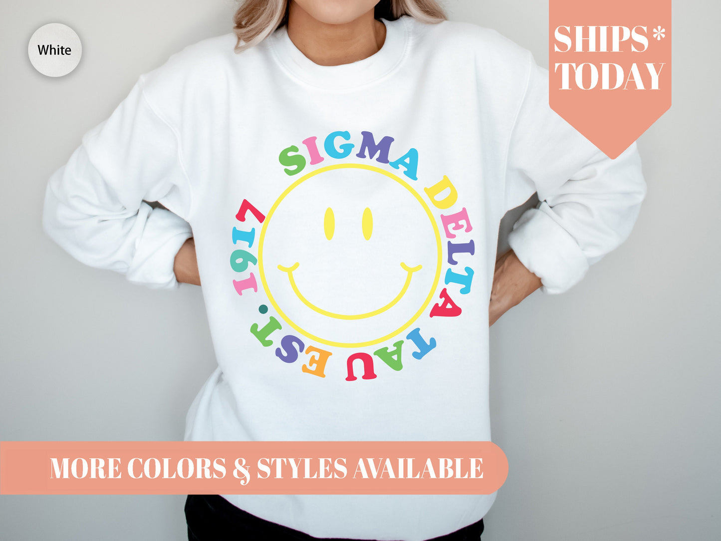 Sigma Delta Tau Radiating Smiley Face Sorority Sweatshirt _ 3250g