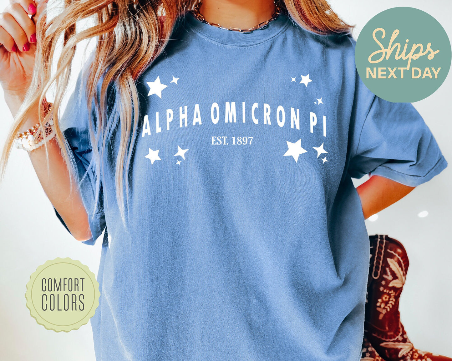 Alpha Omicron Pi Arched Star Comfort Colors Sorority T-shirt _ 2268g
