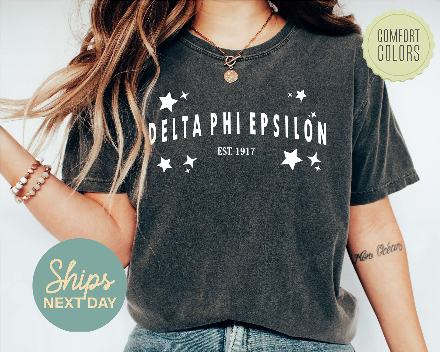 Delta Phi Epsilon Arched Star Comfort Colors Sorority T-shirt _ 2276g