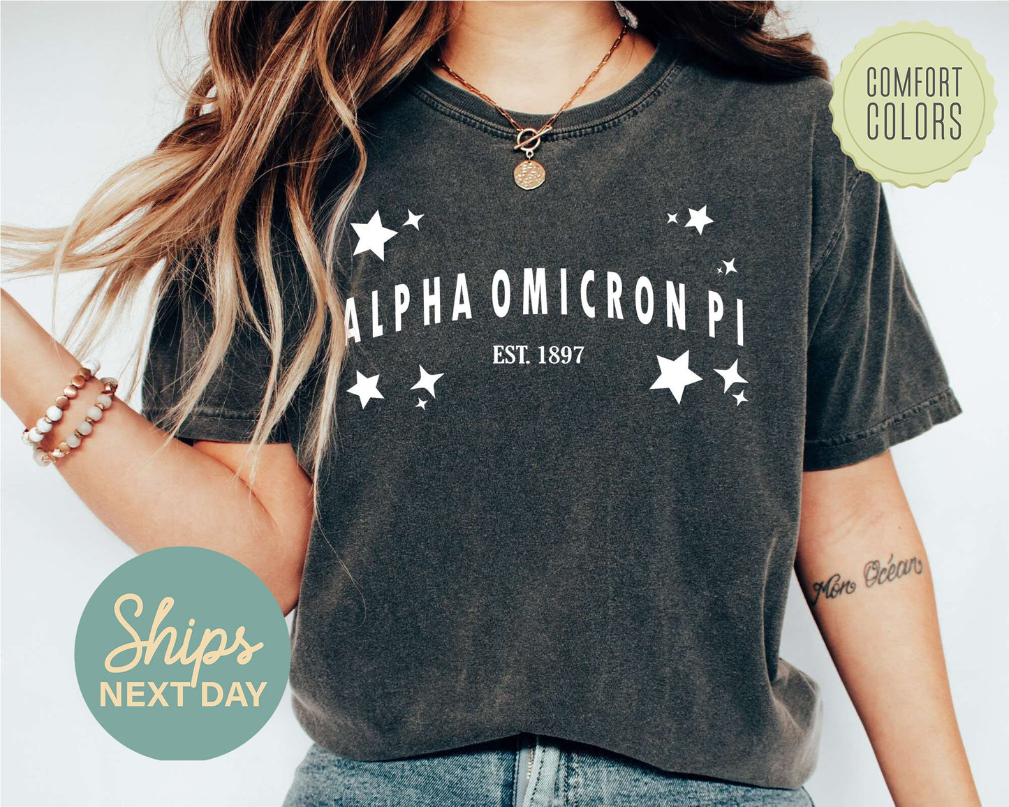 Alpha Omicron Pi Arched Star Comfort Colors Sorority T-shirt _ 2268g