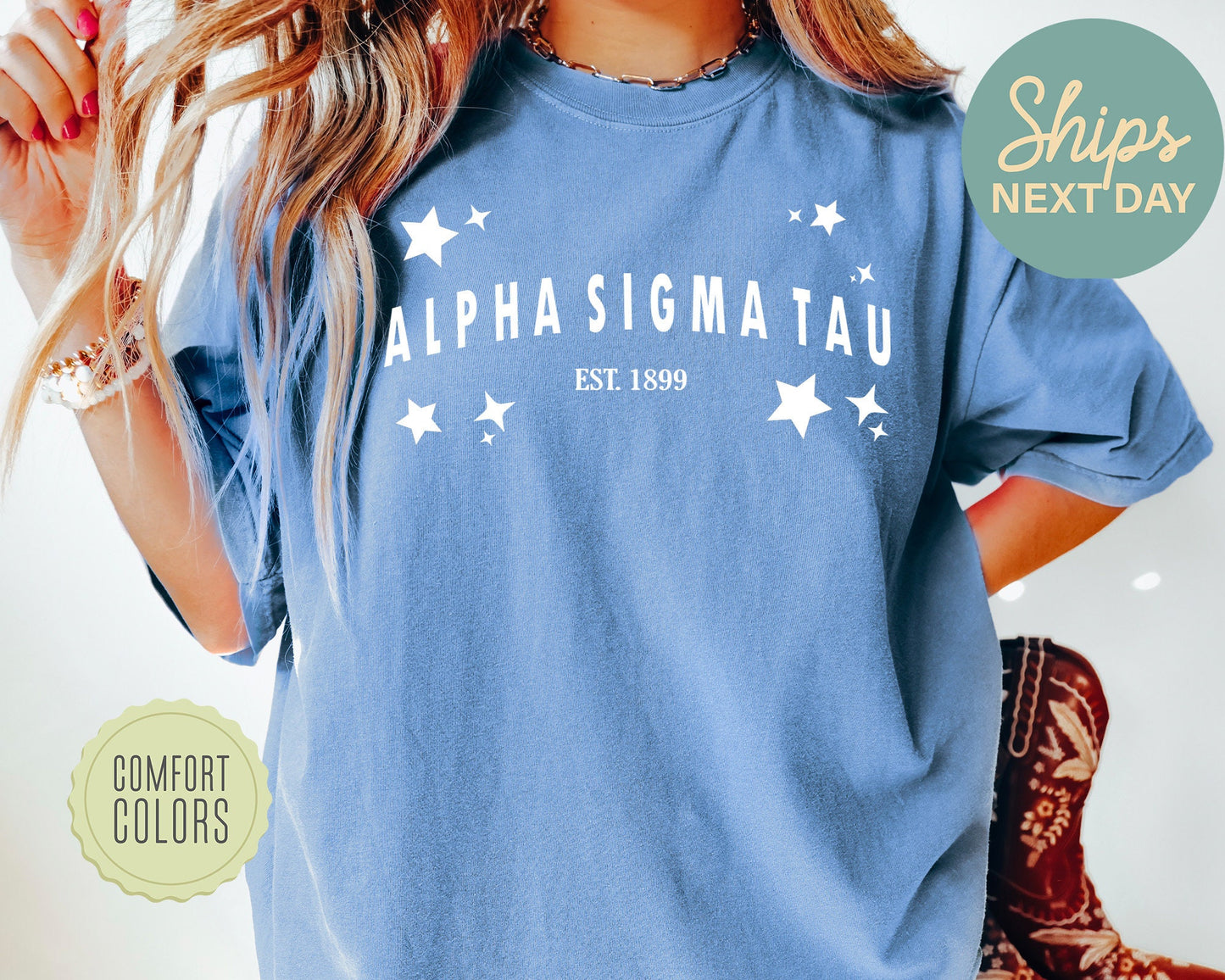 Alpha Sigma Tau Arched Star Comfort Colors Sorority T-shirt _ 2271g