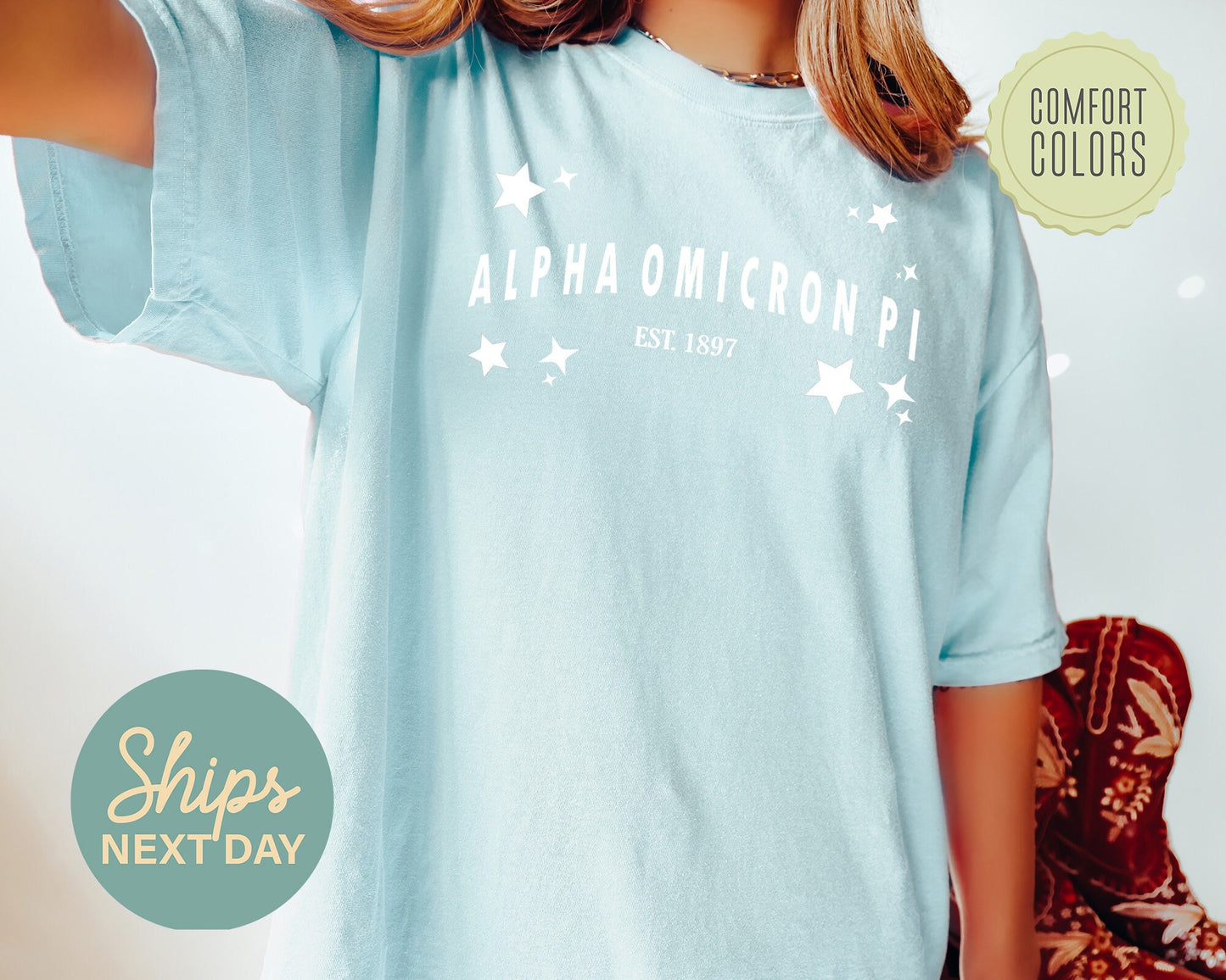 Alpha Omicron Pi Arched Star Comfort Colors Sorority T-shirt _ 2268g