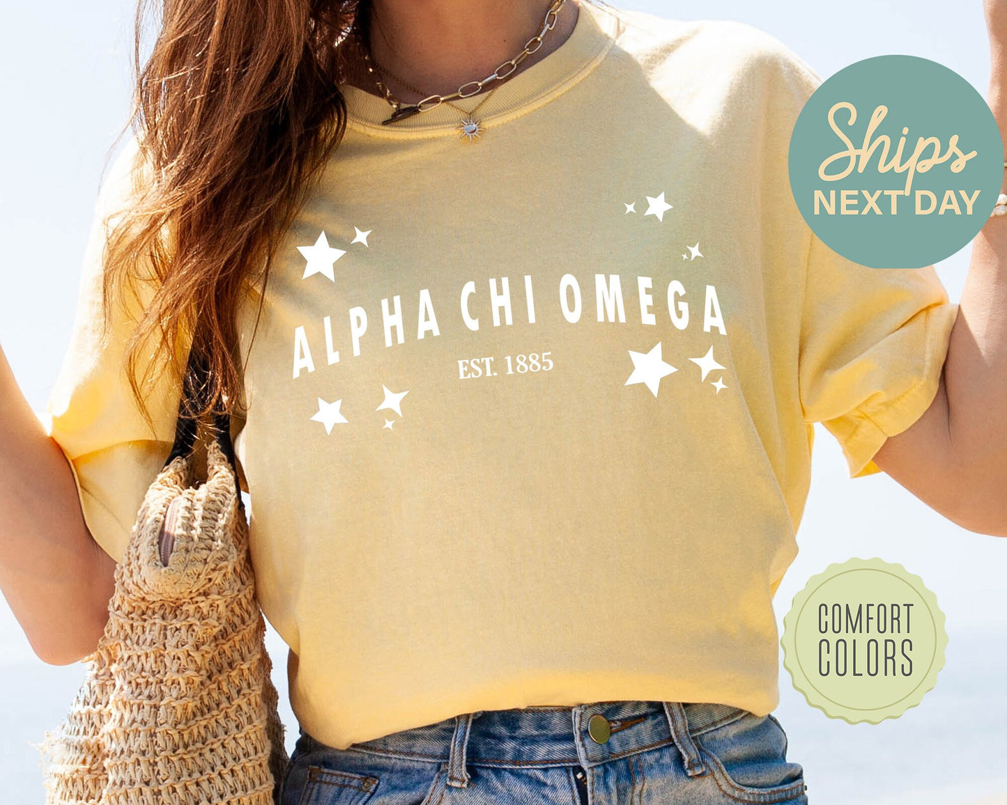 Alpha Chi Omega Arched Star Comfort Colors Sorority T-shirt _ 2264g