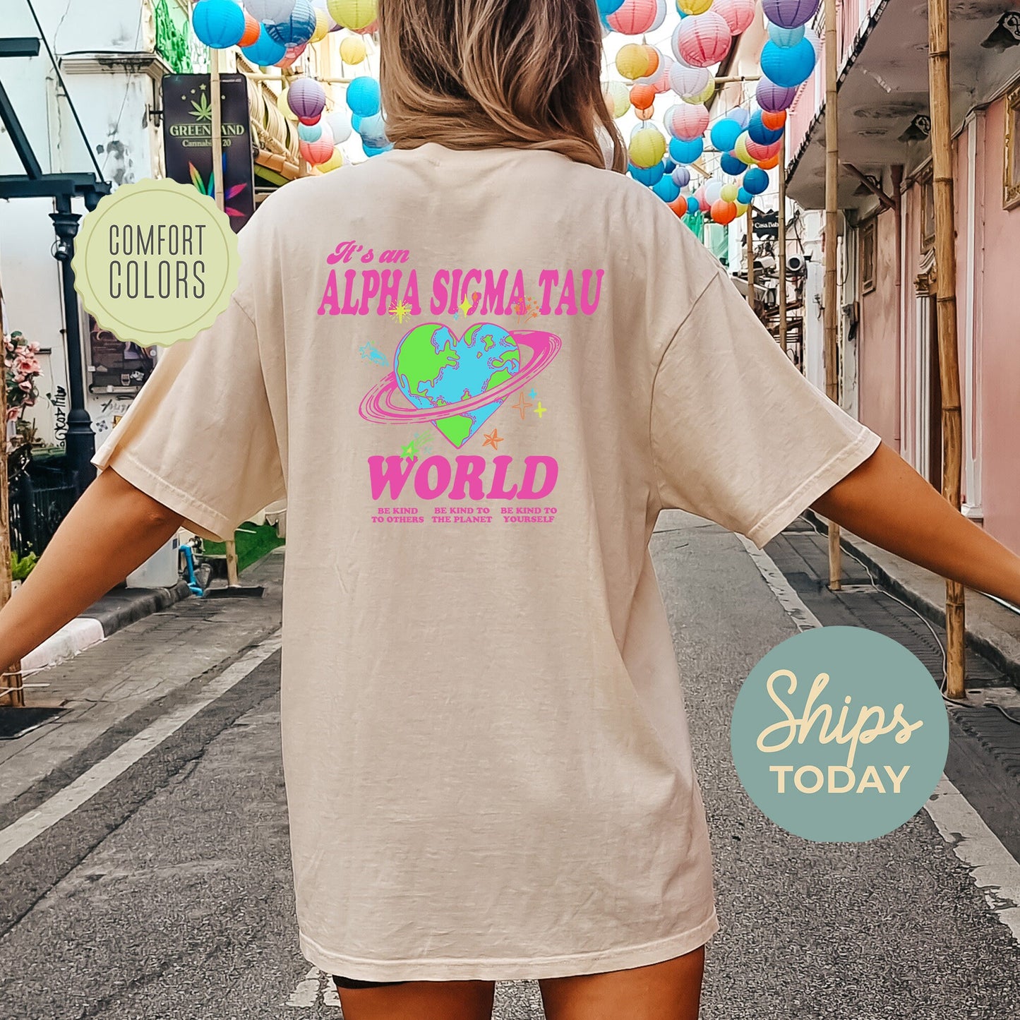 Alpha Sigma Tau Pink Planet Comfort Colors Sorority T-shirt _ 34237g
