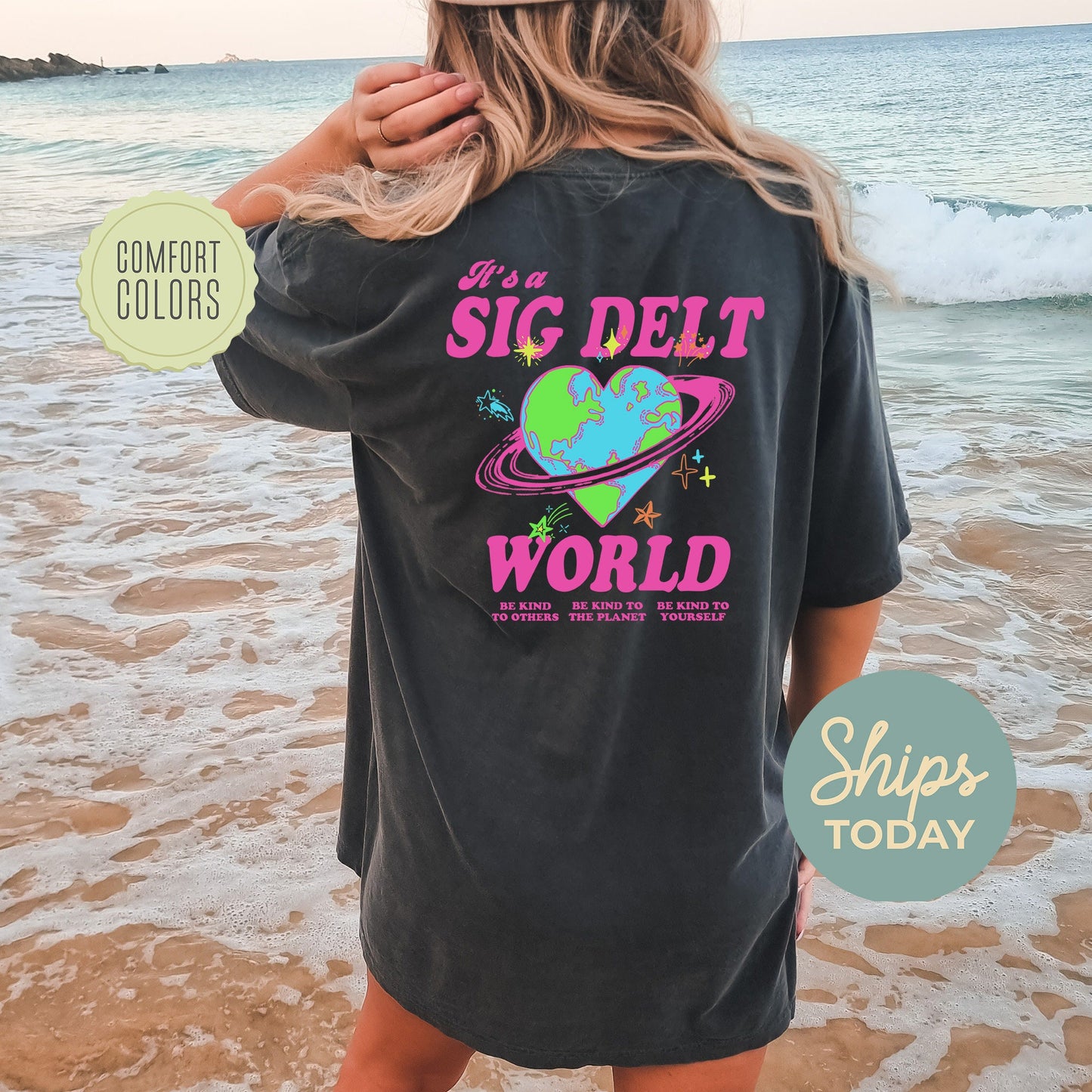 Sigma Delta Tau Pink Planet Comfort Colors Sorority T-shirt _ 34251g