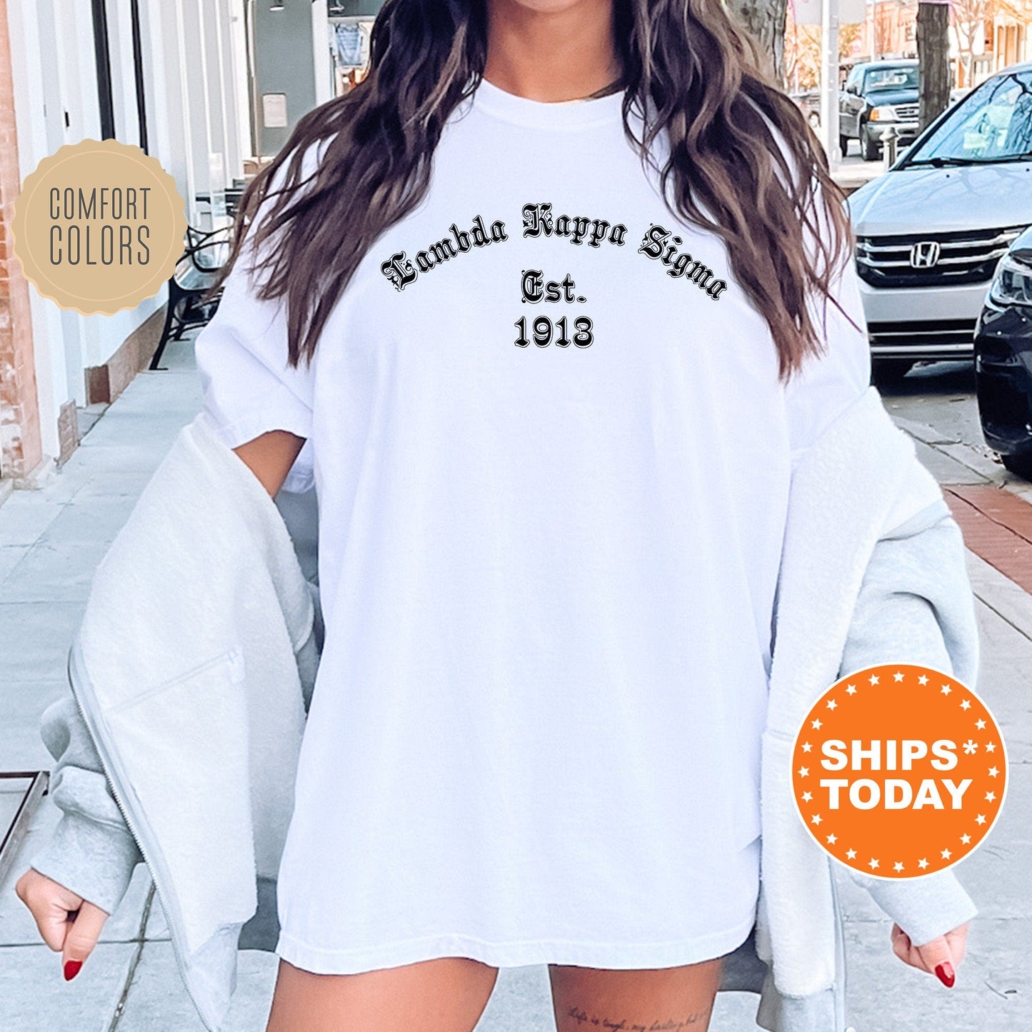 Lambda Kappa Sigma Old English Comfort Colors Sorority T-Shirt _ 8566g