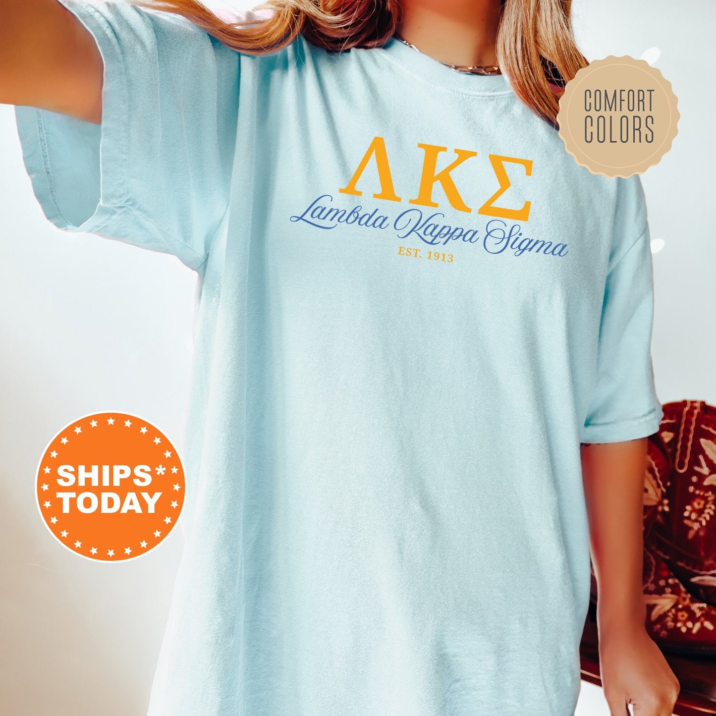 Lambda Kappa Sigma Script Sisters Comfort Colors Sorority T-Shirt _ 14827g