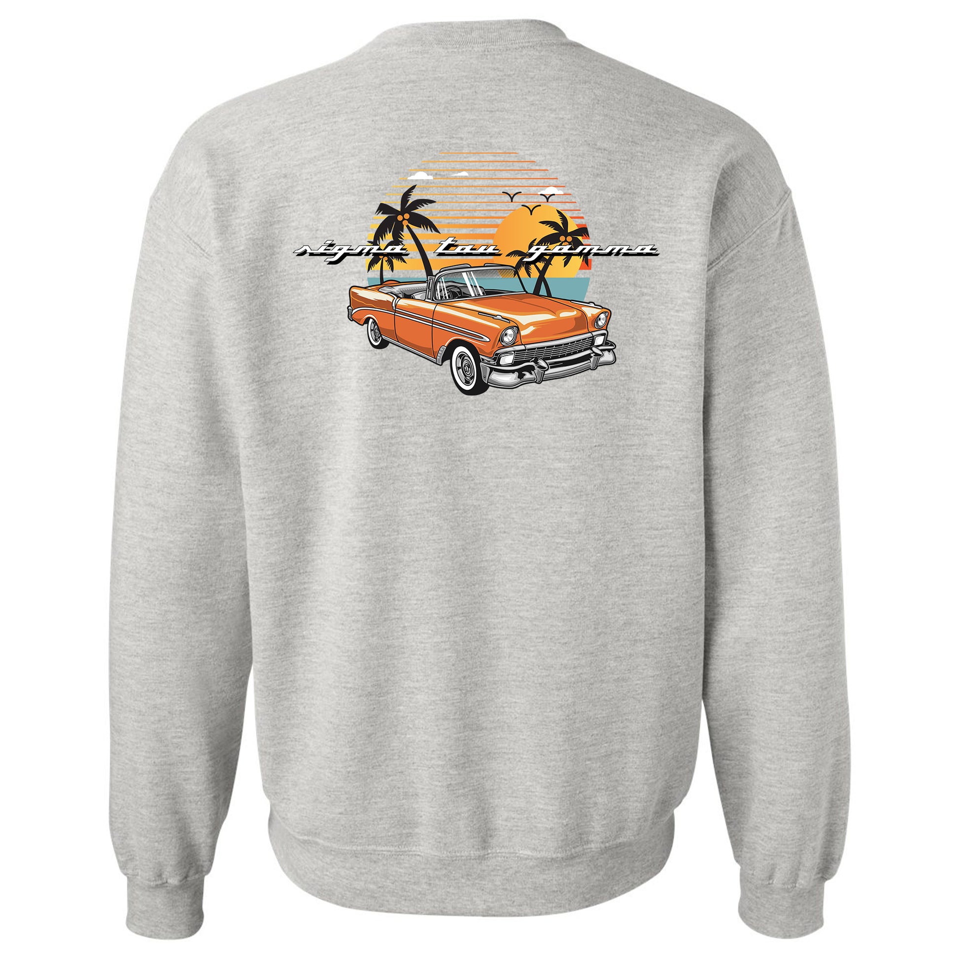a grey sweatshirt with an orange car and palm trees
