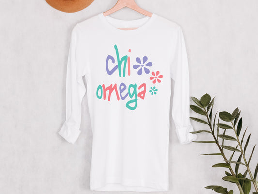 Chi Omega Colorful Floral Sorority Long Sleeve T-shirt _ 2612g