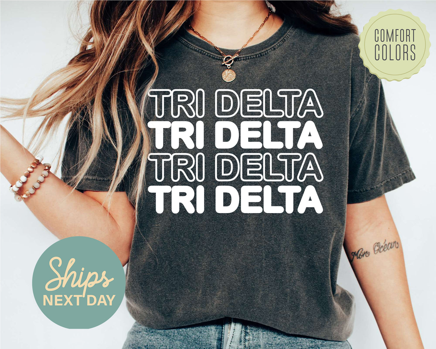 Delta Delta Delta Bold Bubble Letter Comfort Colors Sorority T-shirt _ 2222g