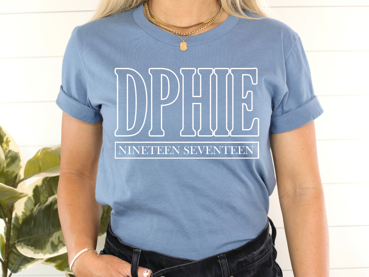 Delta Phi Epsilon Stencil Stacked Sorority T-shirt _ 2146g