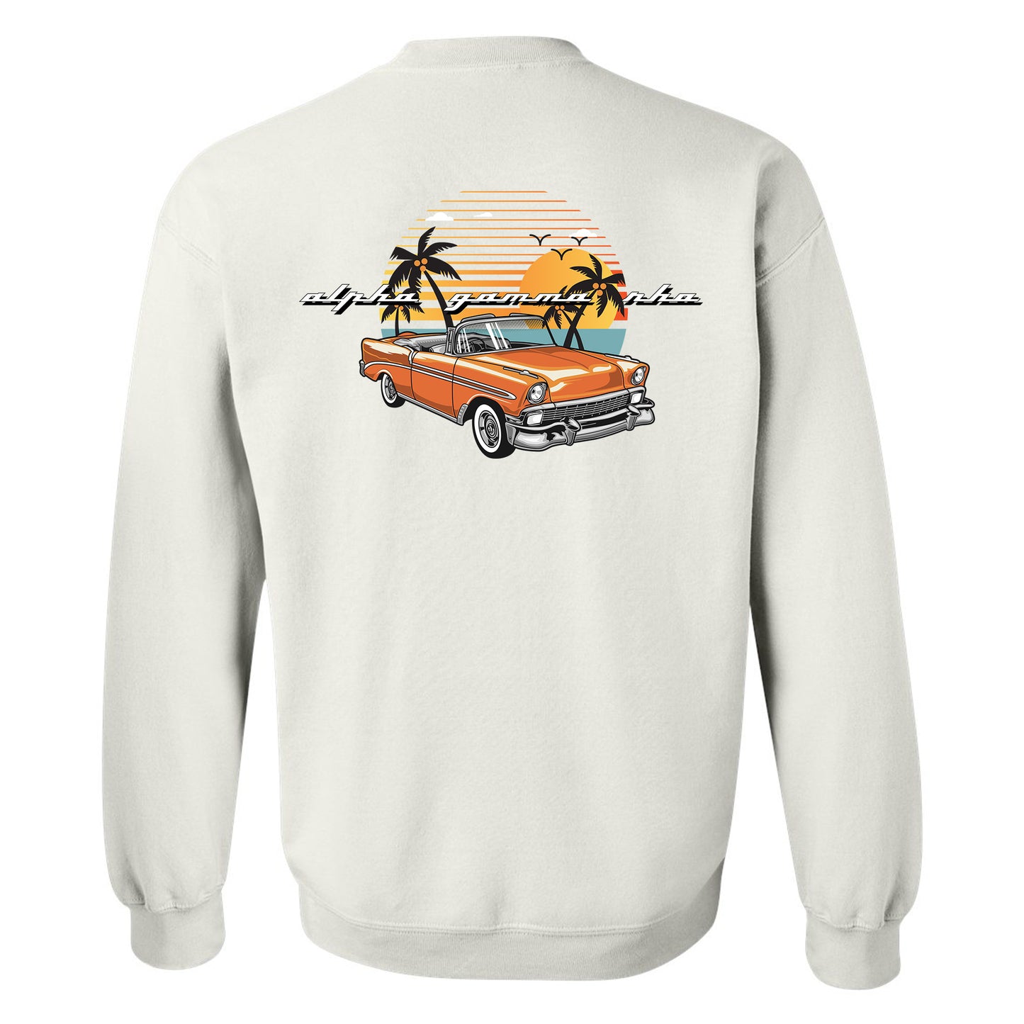 a white sweatshirt with an orange car and palm trees