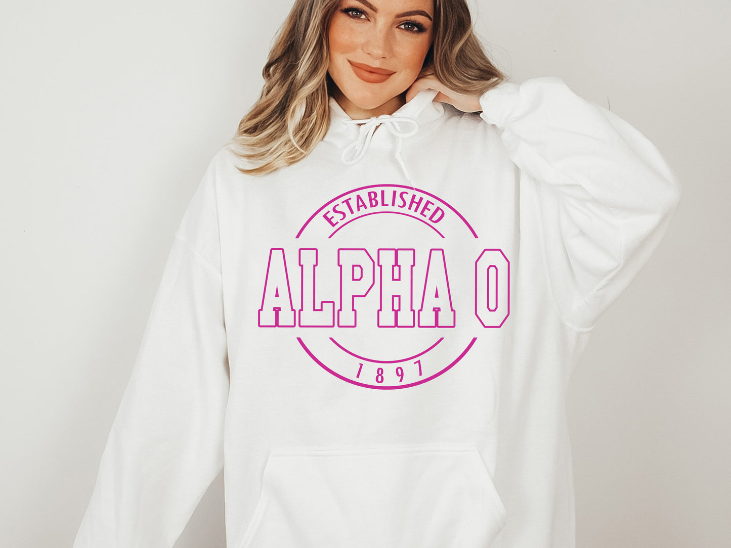 Alpha Omicron Pi Pink Stamp Sorority Hoodie _ 55g