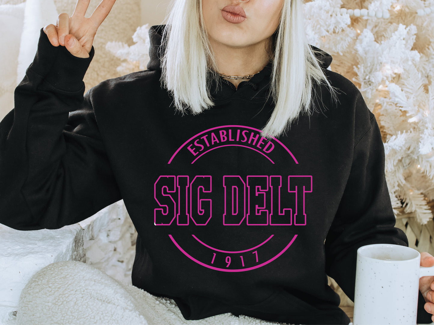 Sigma Delta Tau Pink Stamp Sorority Hoodie _ 72g