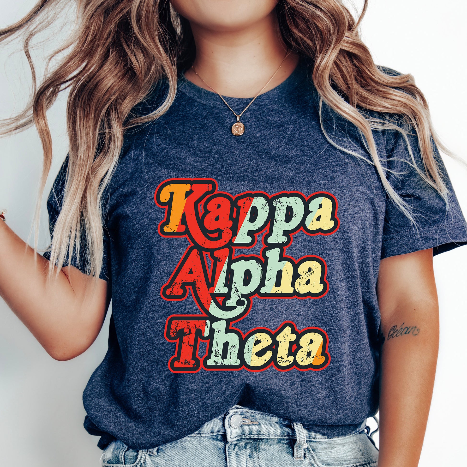 a woman with long hair wearing a t - shirt that says kappa al