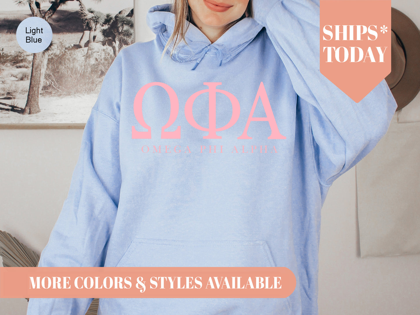 Omega Phi Alpha Pink Letter Sorority Hoodie _ 3488g