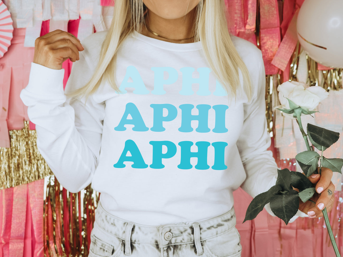 Alpha Phi Touch of Blue Sorority Long Sleeve T-shirt _ 2582g