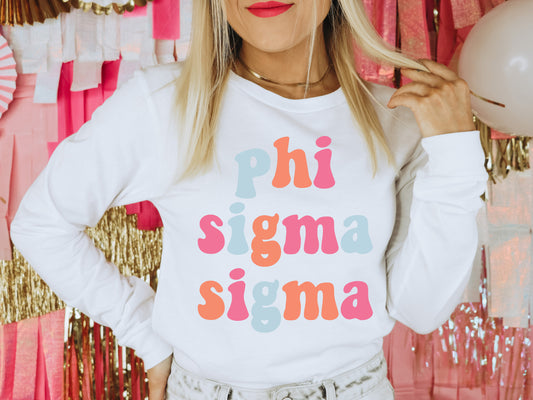 Phi Sigma Sigma Vividly Vibrant Sorority Long Sleeve T-shirt _ 3168g