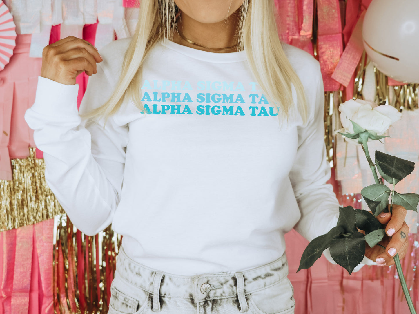 Alpha Sigma Tau Touch of Blue Sorority Long Sleeve T-shirt _ 2584g