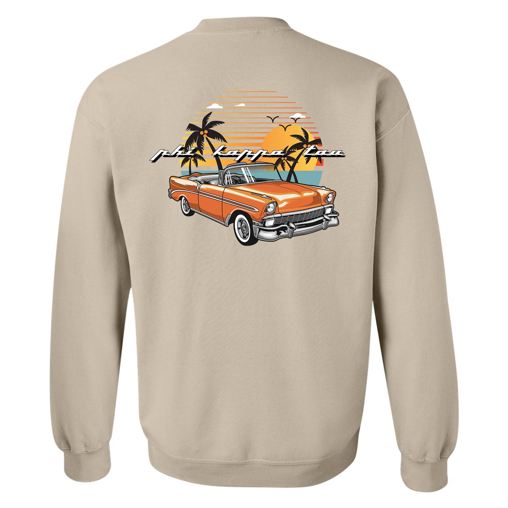 a tan sweatshirt with an orange car and palm trees