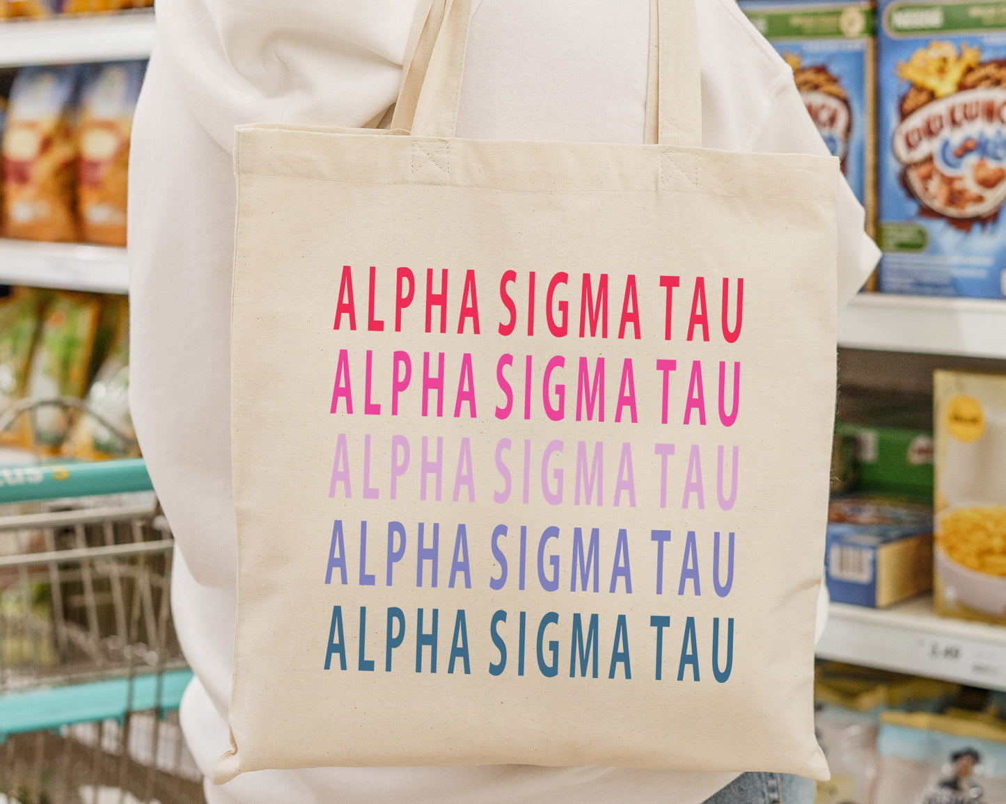 Alpha Sigma Tau Bright and Stacked Sorority Tote Bag _ 34392g