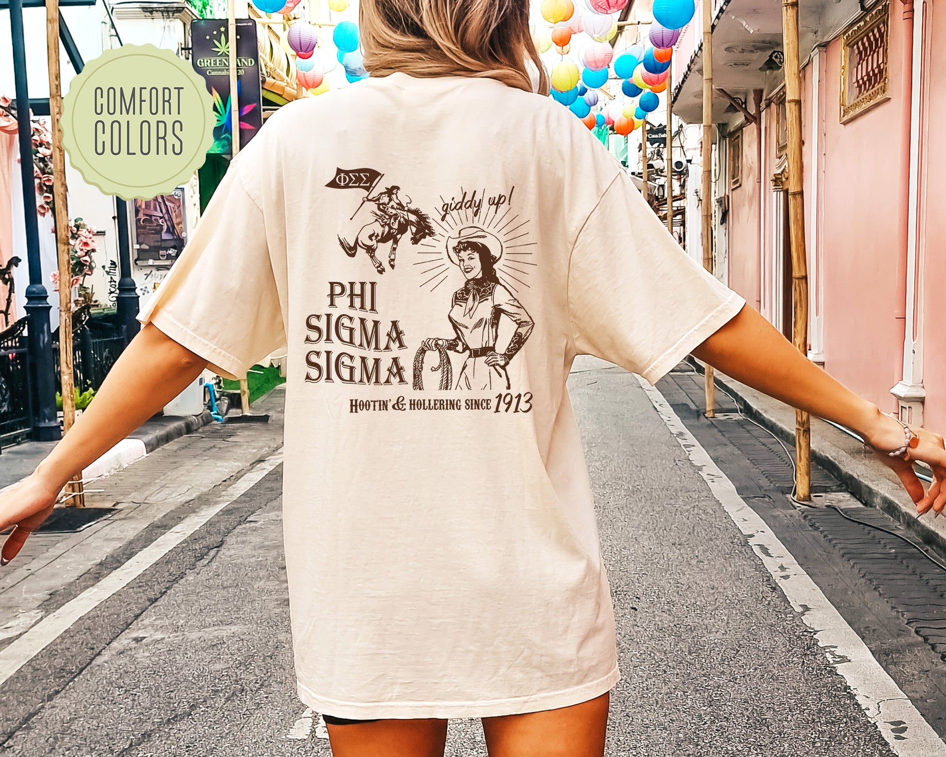 a woman walking down a street holding her hands out