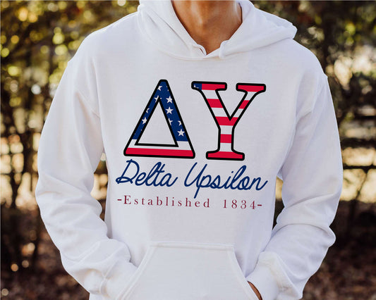 Delta Upsilon American Flag Letters Fraternity Hoodie _ 1164g