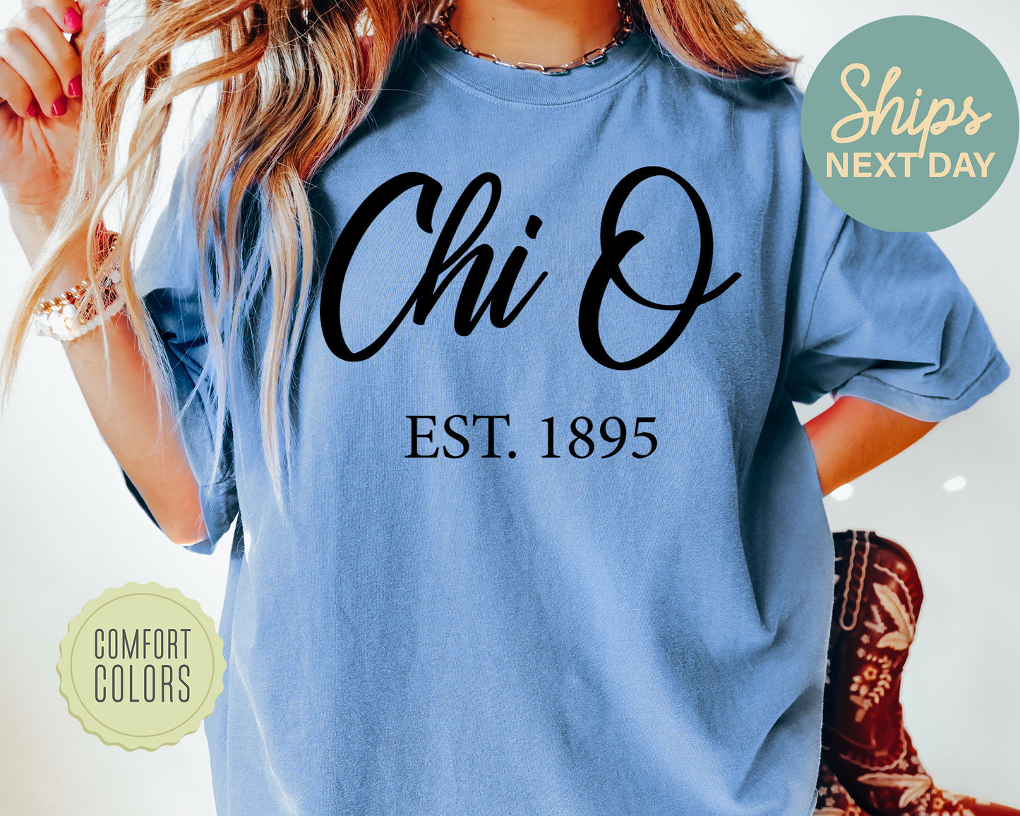 Chi Omega Black Flowy Comfort Colors Sorority T-shirt _ 86g