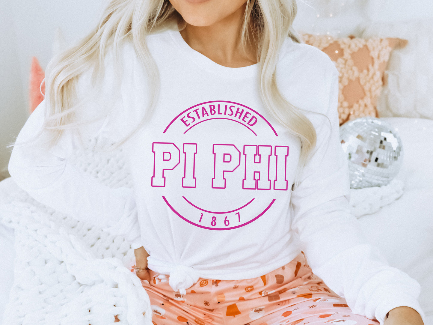 Pi Beta Phi Pink Stamp Sorority Long Sleeve T-shirt _ 71g