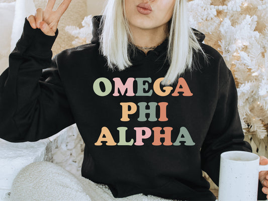 Omega Phi Alpha Bright and Colorful Sorority Hoodie _ 3476g
