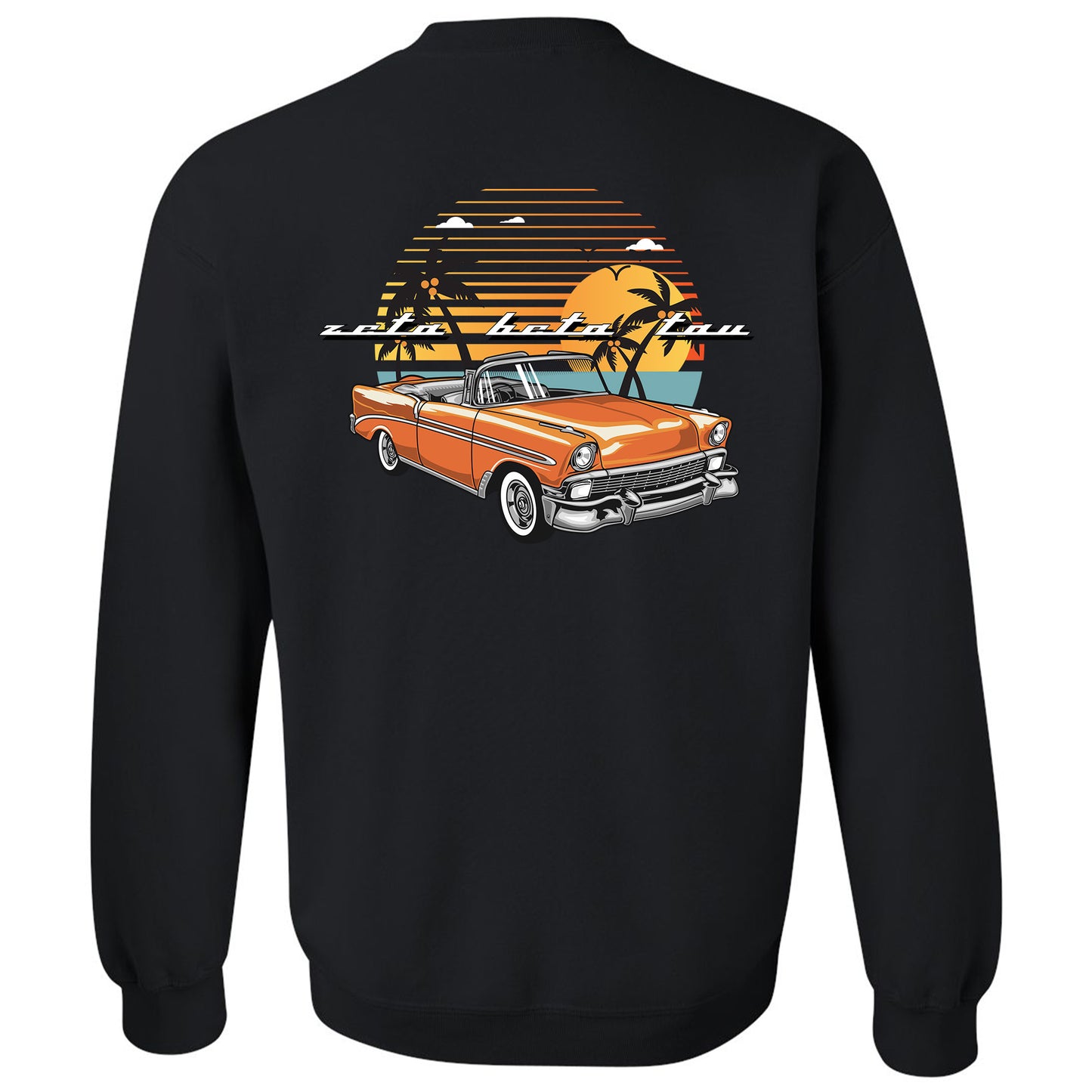 a black sweatshirt with an orange car and palm trees
