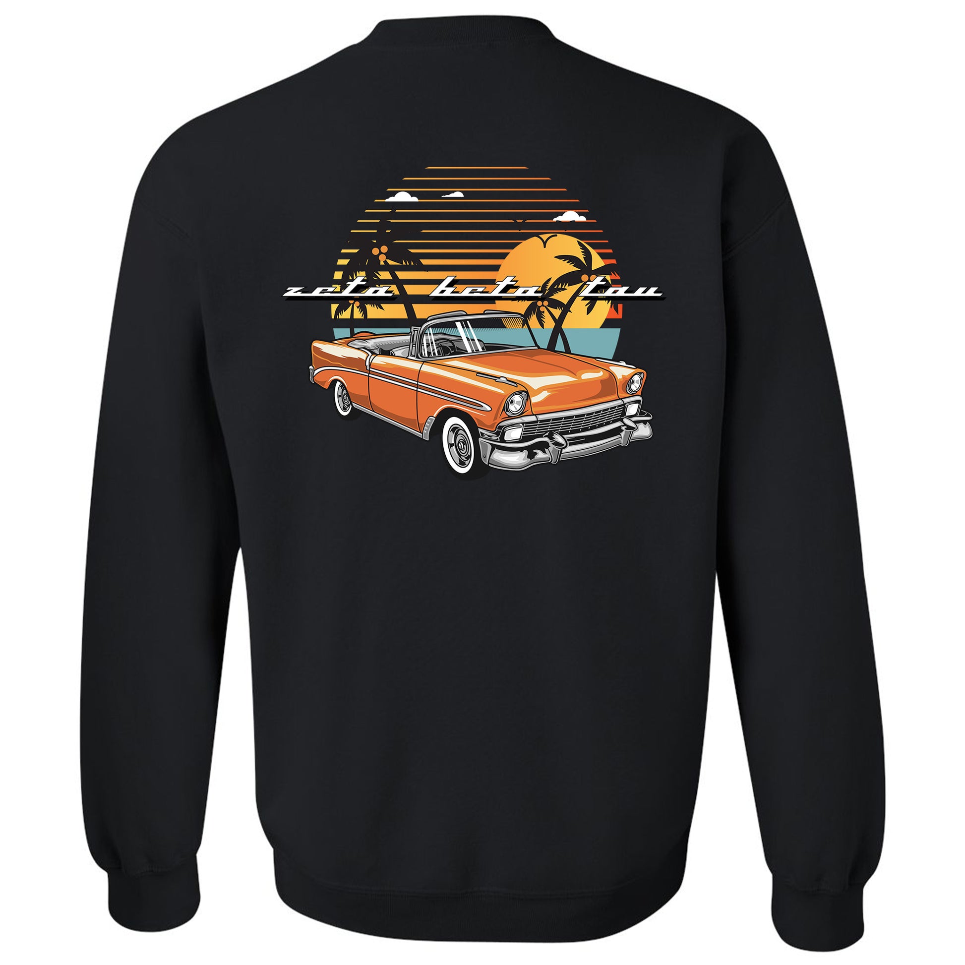 a black sweatshirt with an orange car and palm trees