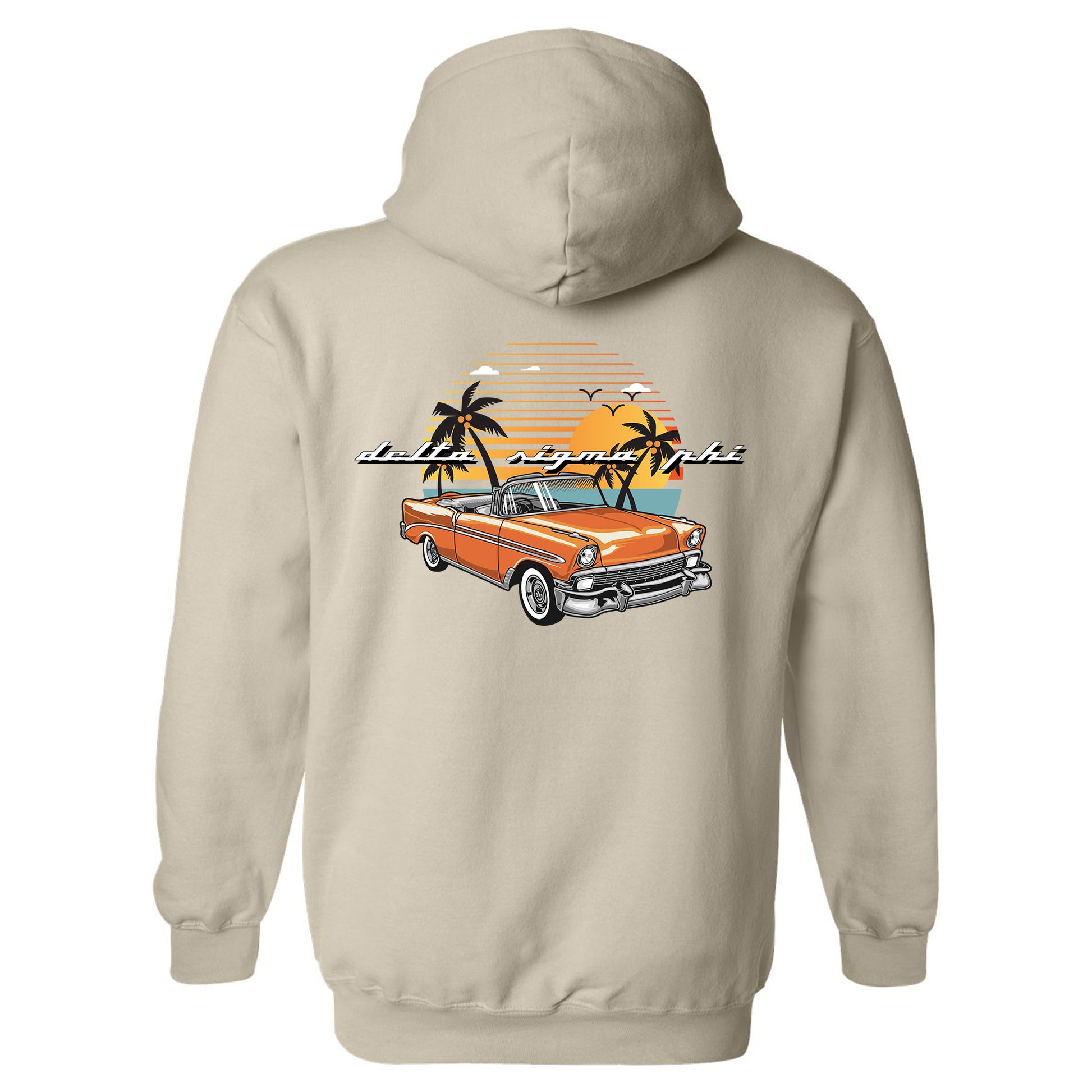 a white hoodie with an orange car and palm trees