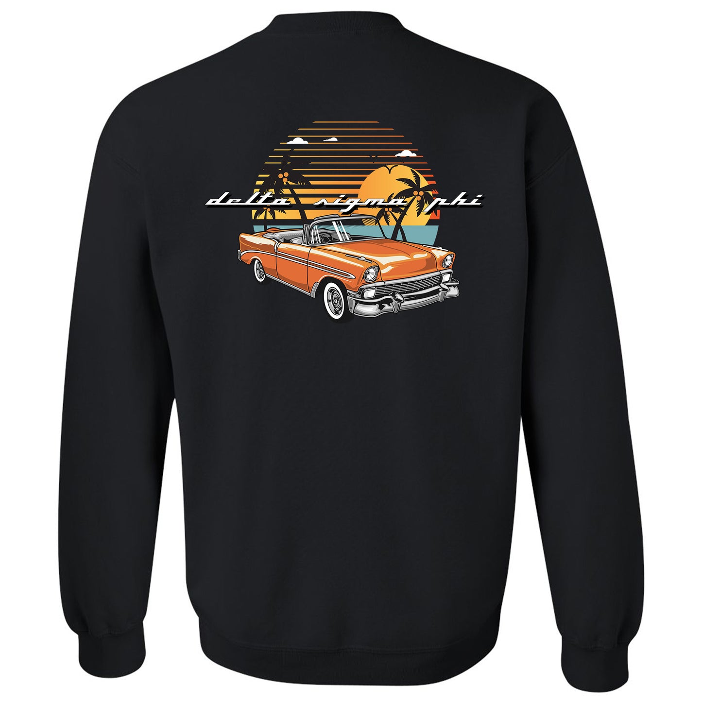 a black sweatshirt with an orange car on it