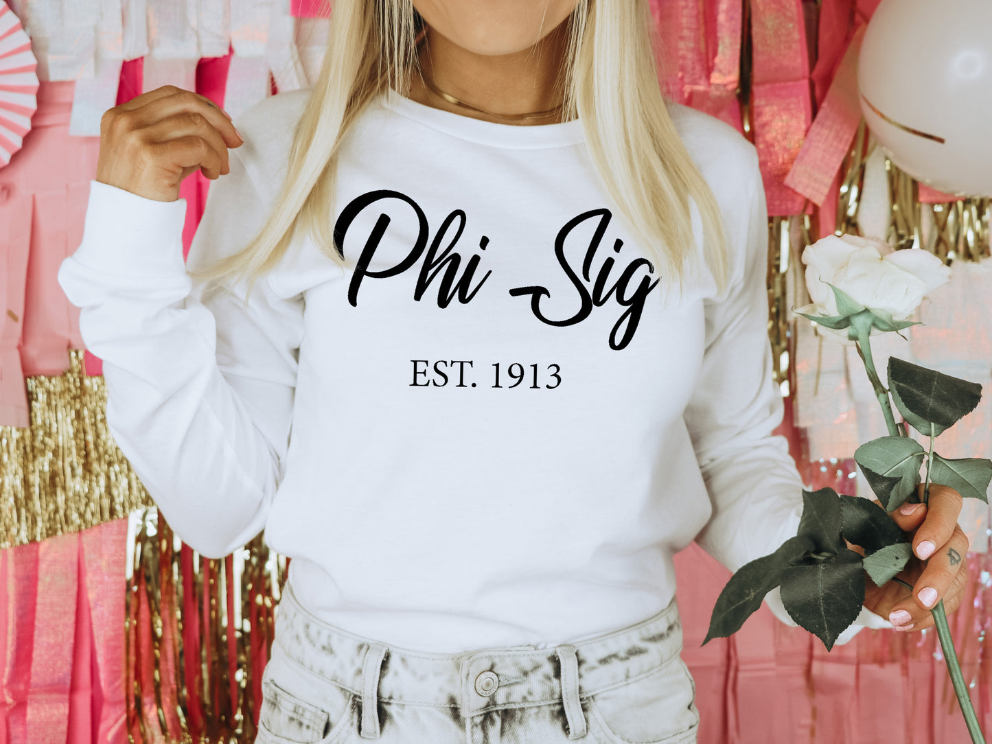 Phi Sigma Sigma Black Flowy Sorority Long Sleeve T-shirt _ 96g